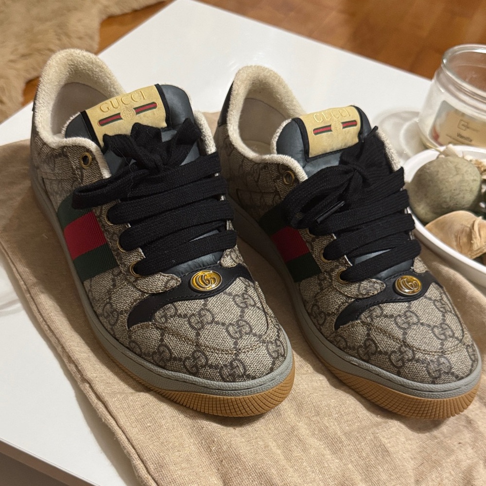 Gucci Beige Monogram Sneakers with Red and Green Accents